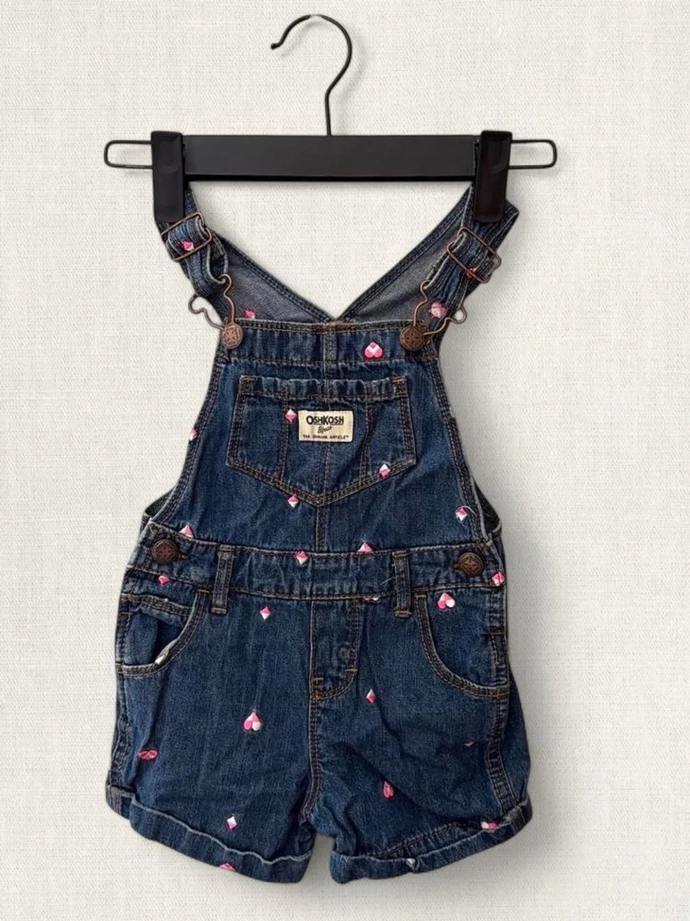OshKosh B'gosh Dark Blue Denim with Pink Heart Embroidery Overalls